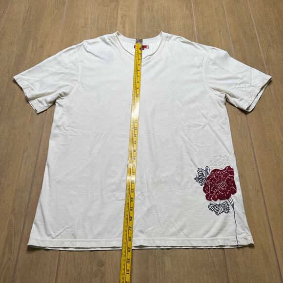 Y2K Guess Jeans Embroidered Floral V-Neck T-Shirt Cream White Men’s Large - Picture 5 of 10